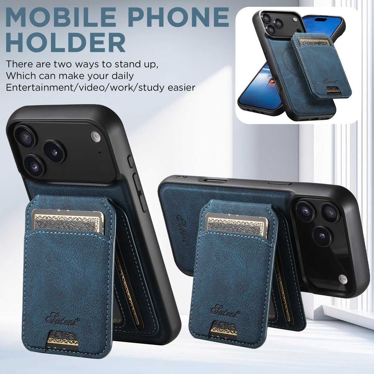 Compatible with iPhone 18 Pro Max Suteni H16 Litchi Texture Leather Detachable Wallet Back Phone Case - Blue