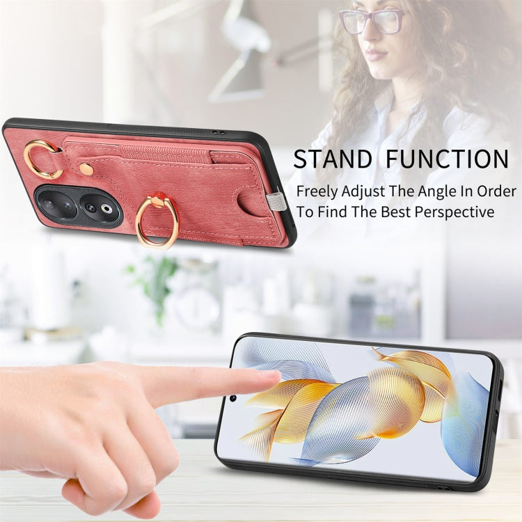 For Honor 100 Pro 5G Retro Skin-feel Ring Card Bag Phone Case with Hang Loop(Pink)