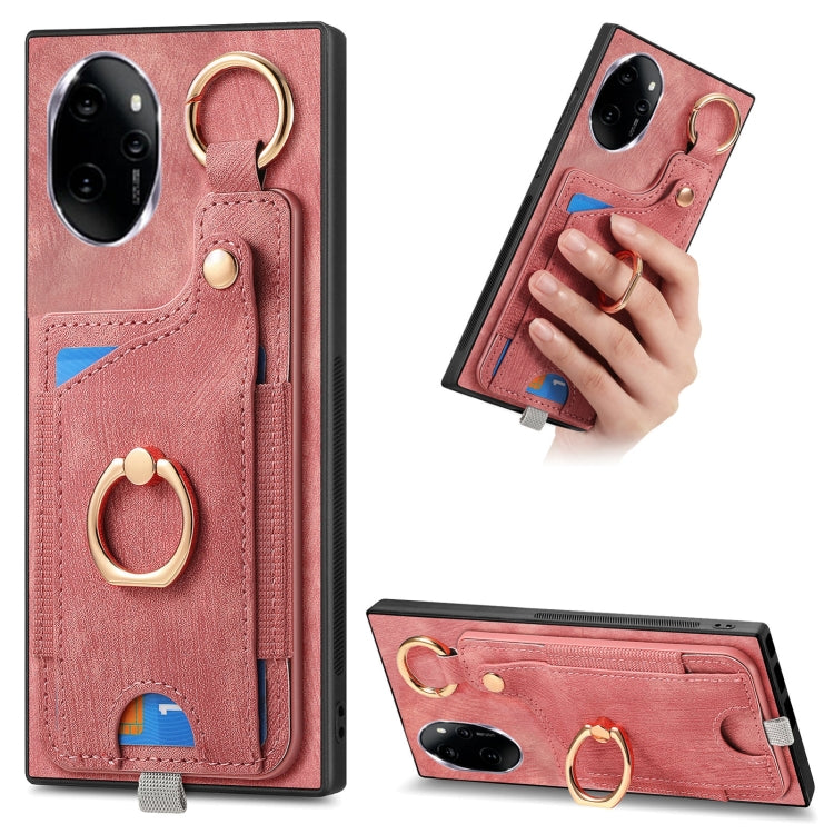 For Honor 100 5G Retro Skin-feel Ring Card Bag Phone Case with Hang Loop(Pink)