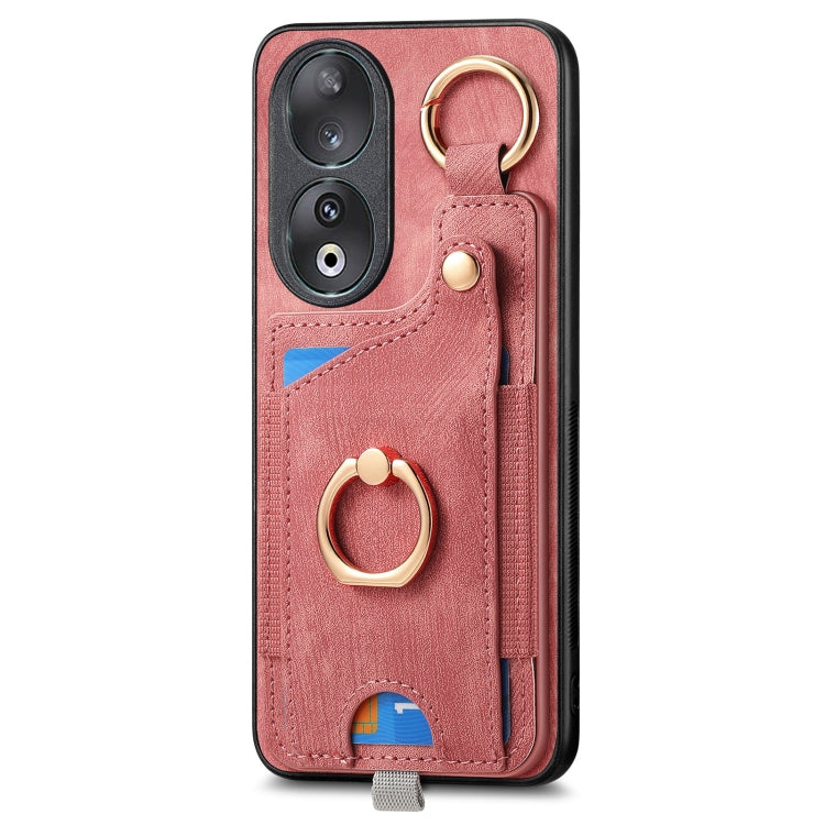 For Honor 100 5G Retro Skin-feel Ring Card Bag Phone Case with Hang Loop(Pink)