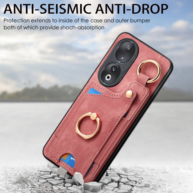For Honor 100 5G Retro Skin-feel Ring Card Bag Phone Case with Hang Loop(Pink)