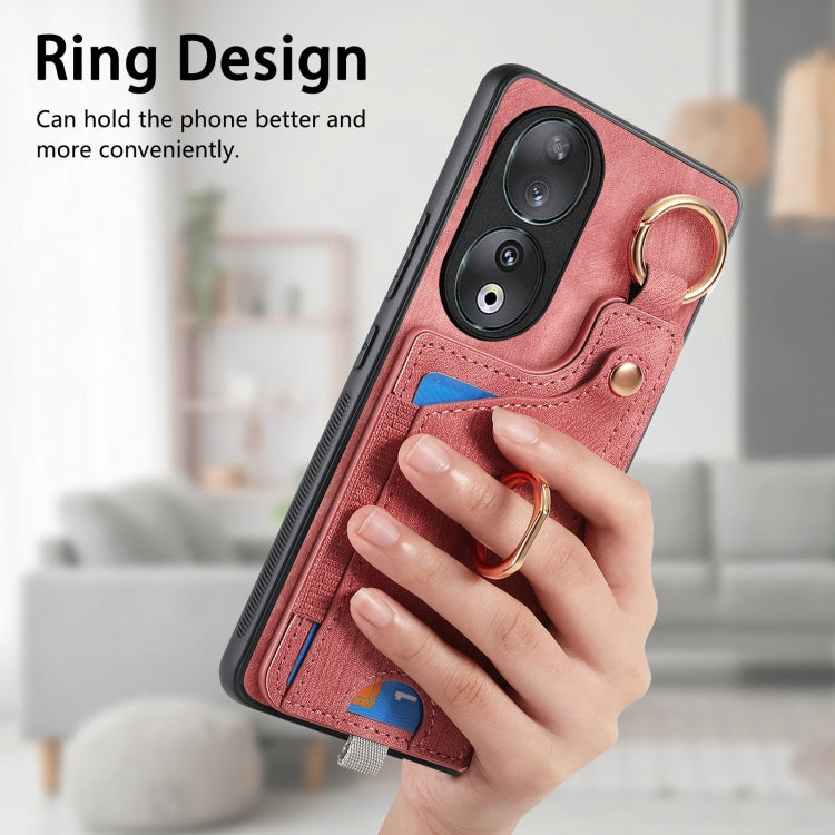 For Honor 100 5G Retro Skin-feel Ring Card Bag Phone Case with Hang Loop(Pink)