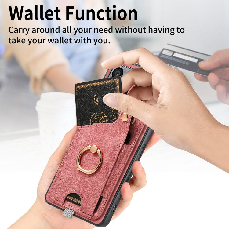 For Honor 100 5G Retro Skin-feel Ring Card Bag Phone Case with Hang Loop(Pink)