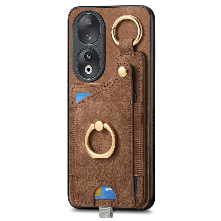 For Honor 100 5G Retro Skin-feel Ring Card Bag Phone Case with Hang Loop(Brown)