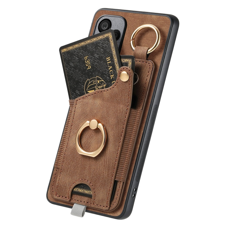 For Honor 100 5G Retro Skin-feel Ring Card Bag Phone Case with Hang Loop(Brown)