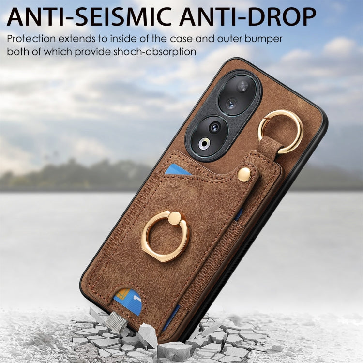 For Honor 100 5G Retro Skin-feel Ring Card Bag Phone Case with Hang Loop(Brown)