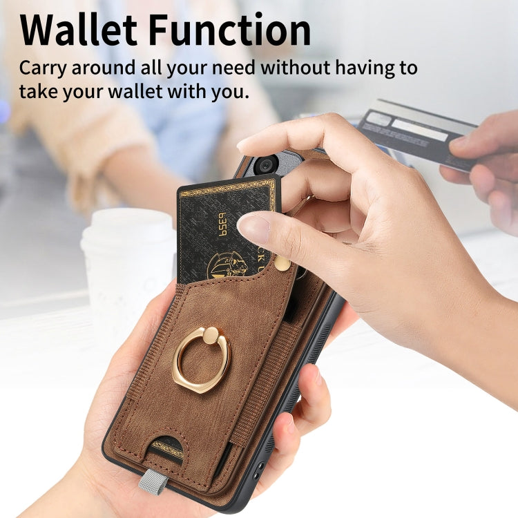 For Honor 100 5G Retro Skin-feel Ring Card Bag Phone Case with Hang Loop(Brown)