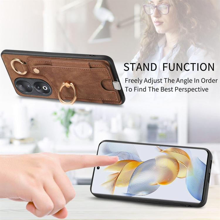 For Honor 100 5G Retro Skin-feel Ring Card Bag Phone Case with Hang Loop(Brown)