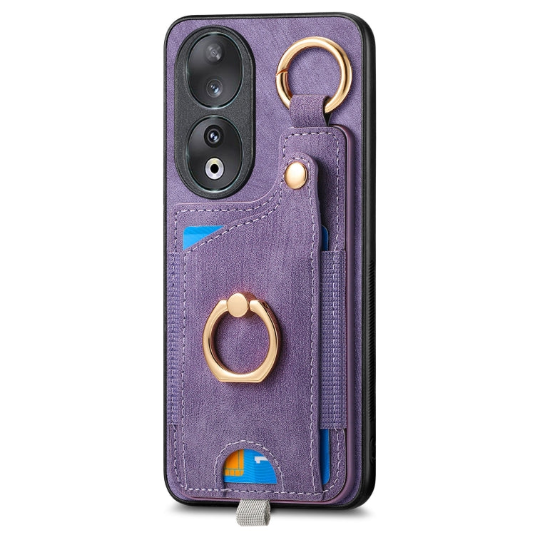 For Honor 100 5G Retro Skin-feel Ring Card Bag Phone Case with Hang Loop(Purple)