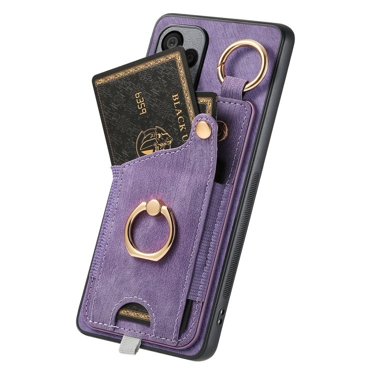 For Honor 100 5G Retro Skin-feel Ring Card Bag Phone Case with Hang Loop(Purple)