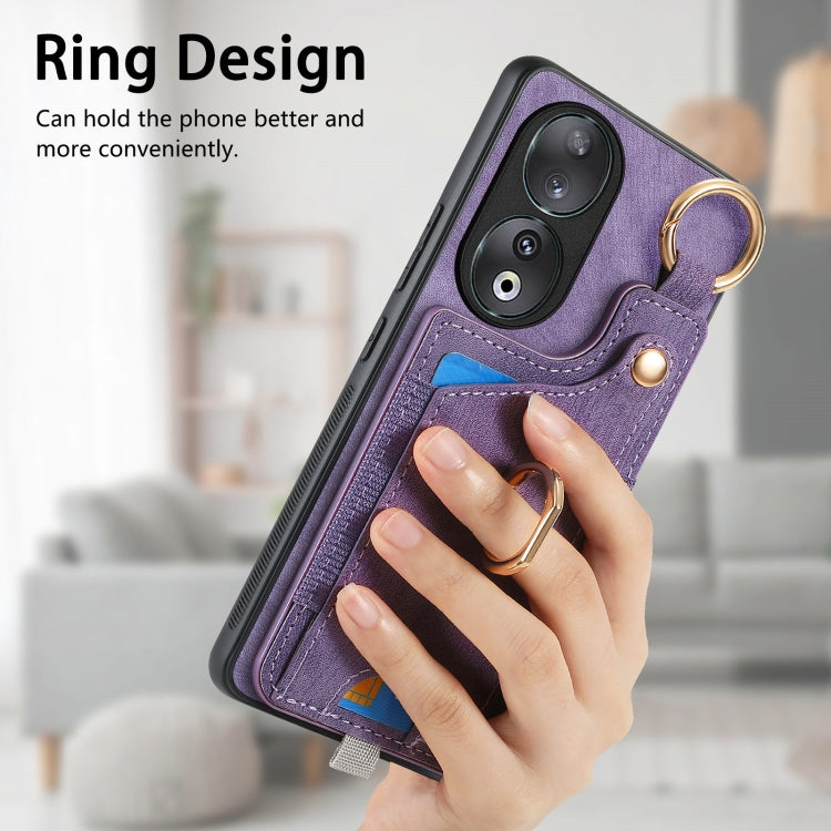 For Honor 100 5G Retro Skin-feel Ring Card Bag Phone Case with Hang Loop(Purple)