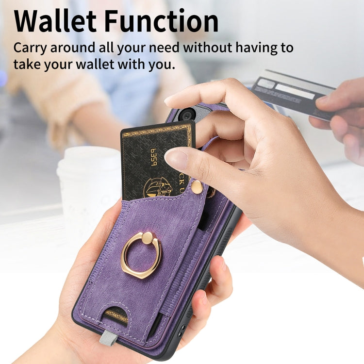 For Honor 100 5G Retro Skin-feel Ring Card Bag Phone Case with Hang Loop(Purple)