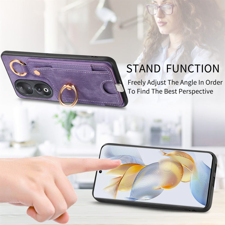 For Honor 100 5G Retro Skin-feel Ring Card Bag Phone Case with Hang Loop(Purple)
