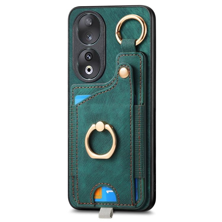 For Honor 100 5G Retro Skin-feel Ring Card Bag Phone Case with Hang Loop(Green)