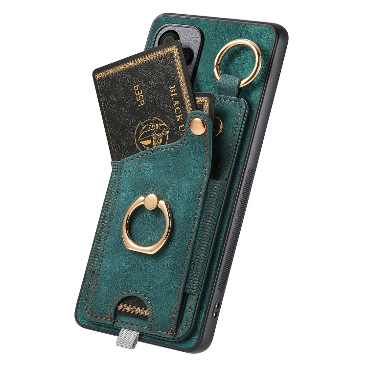 For Honor 100 5G Retro Skin-feel Ring Card Bag Phone Case with Hang Loop(Green)