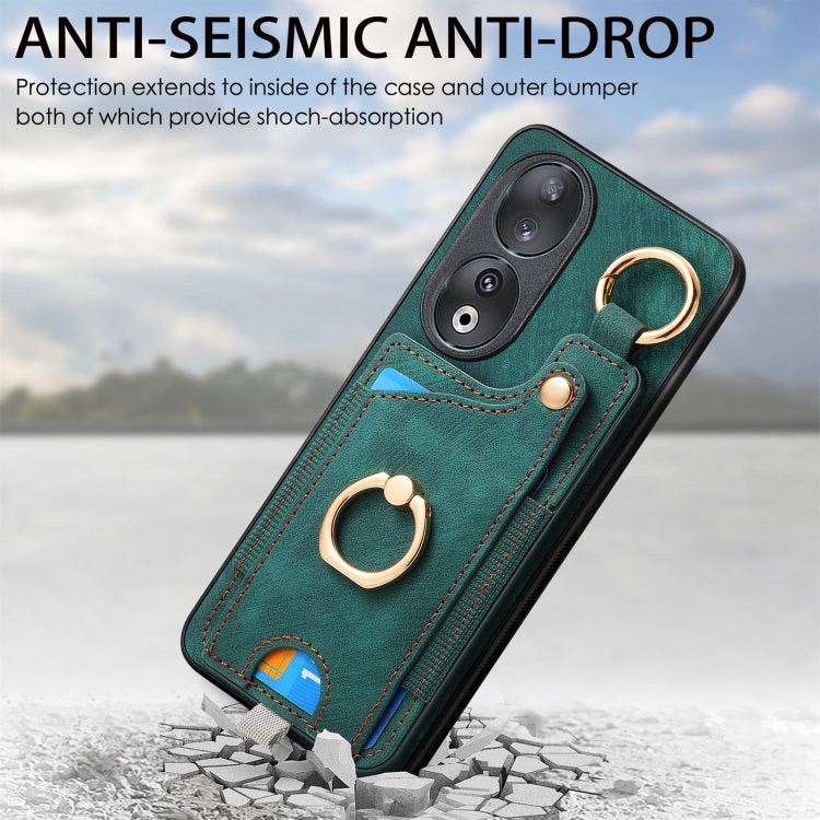 For Honor 100 5G Retro Skin-feel Ring Card Bag Phone Case with Hang Loop(Green)