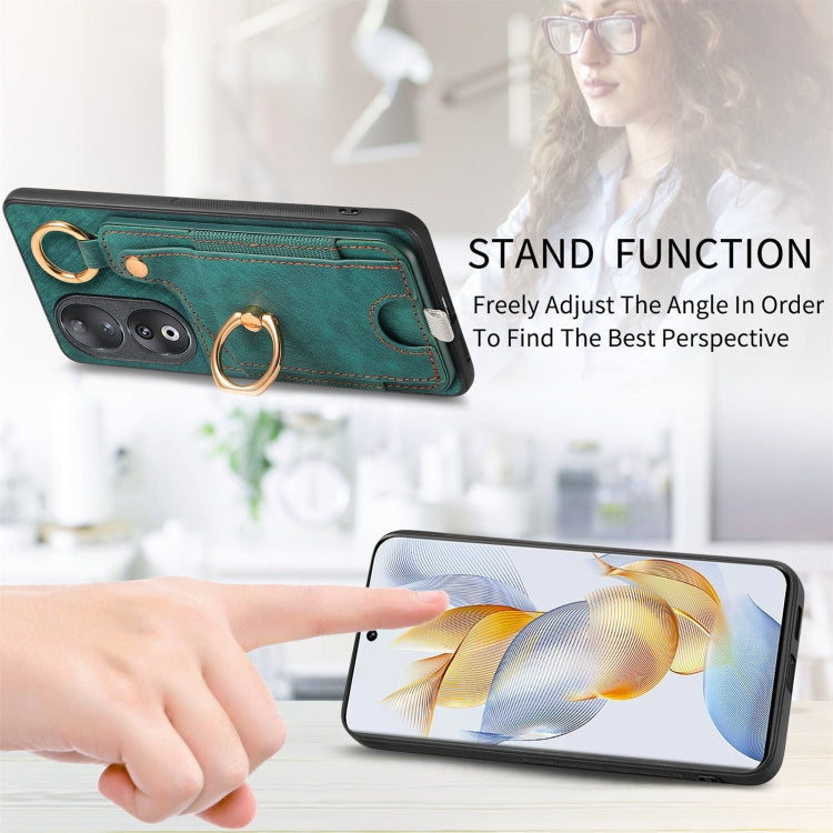 For Honor 100 5G Retro Skin-feel Ring Card Bag Phone Case with Hang Loop(Green)