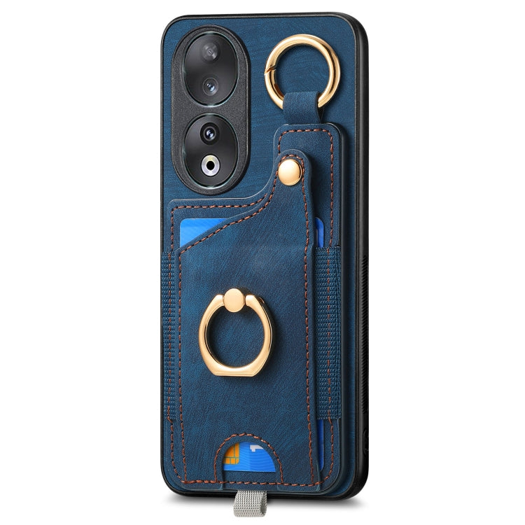 For Honor 100 5G Retro Skin-feel Ring Card Bag Phone Case with Hang Loop(Blue)