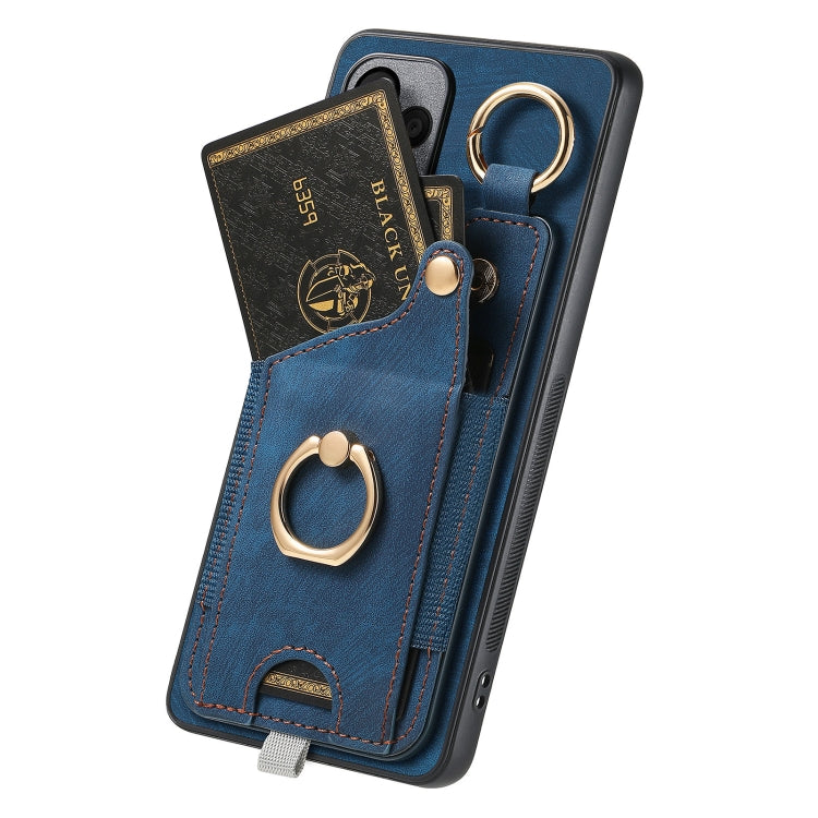 For Honor 100 5G Retro Skin-feel Ring Card Bag Phone Case with Hang Loop(Blue)