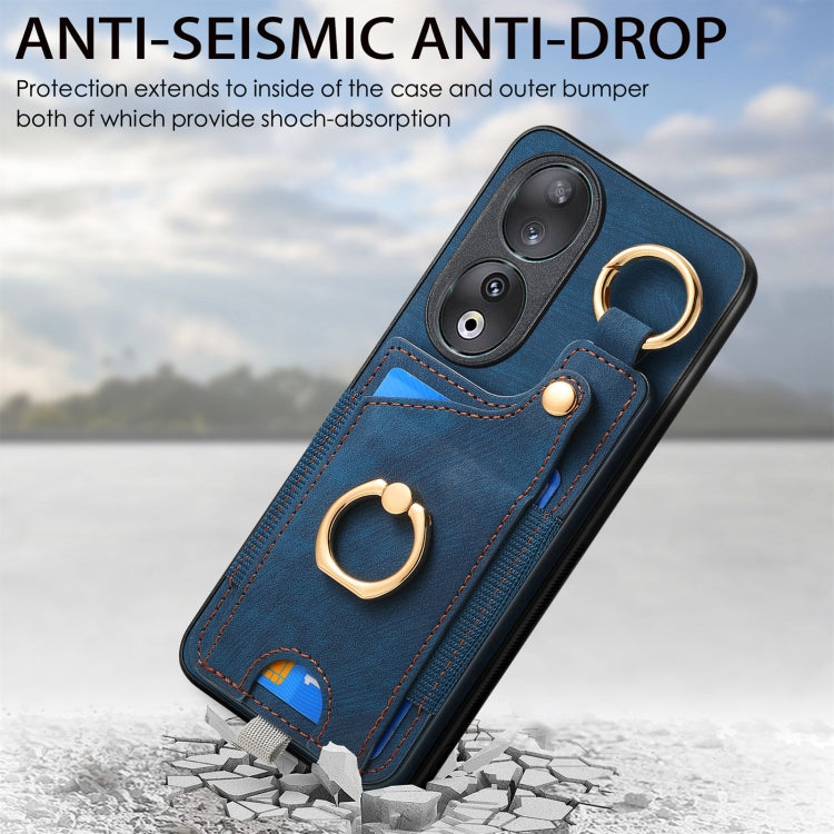 For Honor 100 5G Retro Skin-feel Ring Card Bag Phone Case with Hang Loop(Blue)