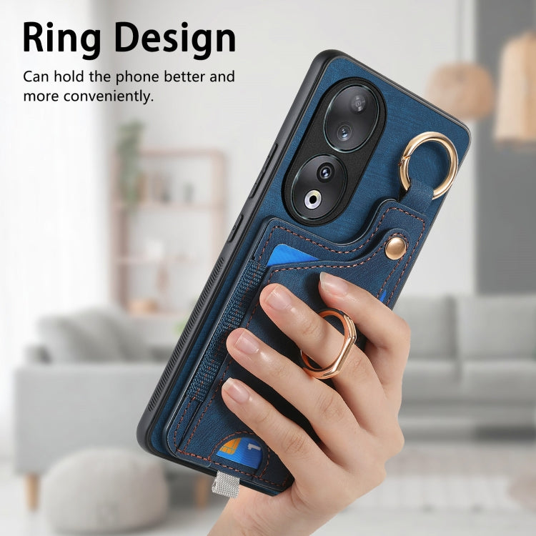 For Honor 100 5G Retro Skin-feel Ring Card Bag Phone Case with Hang Loop(Blue)