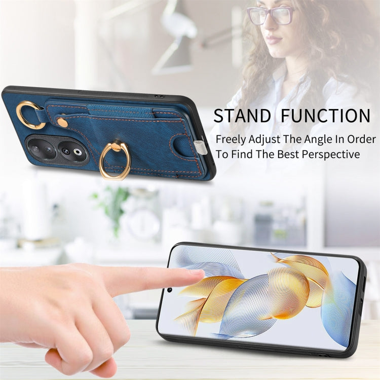 For Honor 100 5G Retro Skin-feel Ring Card Bag Phone Case with Hang Loop(Blue)