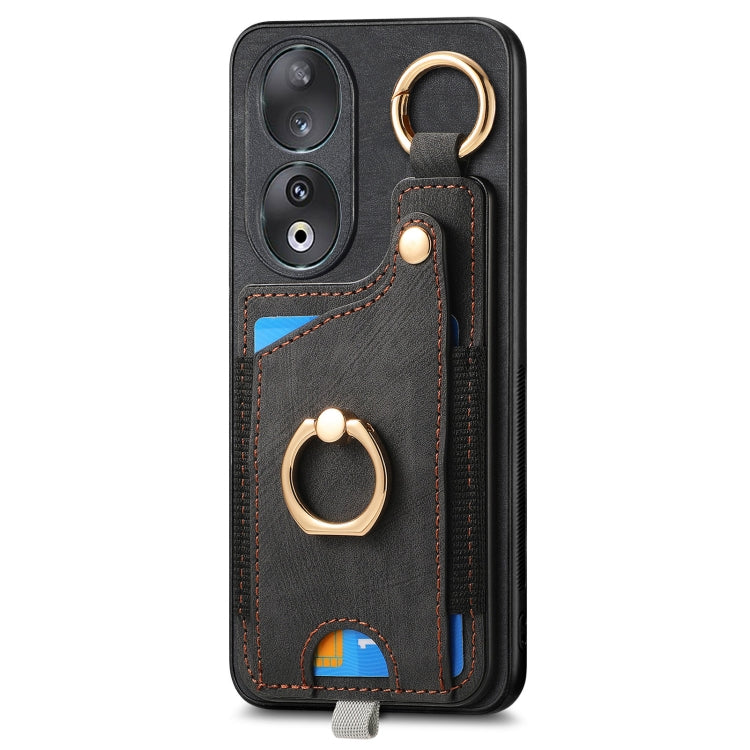 For Honor 100 5G Retro Skin-feel Ring Card Bag Phone Case with Hang Loop(Black)