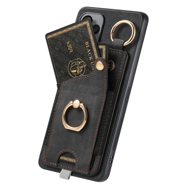 For Honor 100 5G Retro Skin-feel Ring Card Bag Phone Case with Hang Loop(Black)