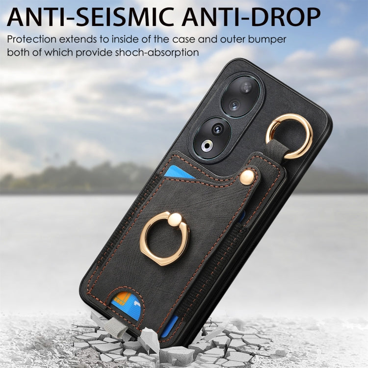 For Honor 100 5G Retro Skin-feel Ring Card Bag Phone Case with Hang Loop(Black)