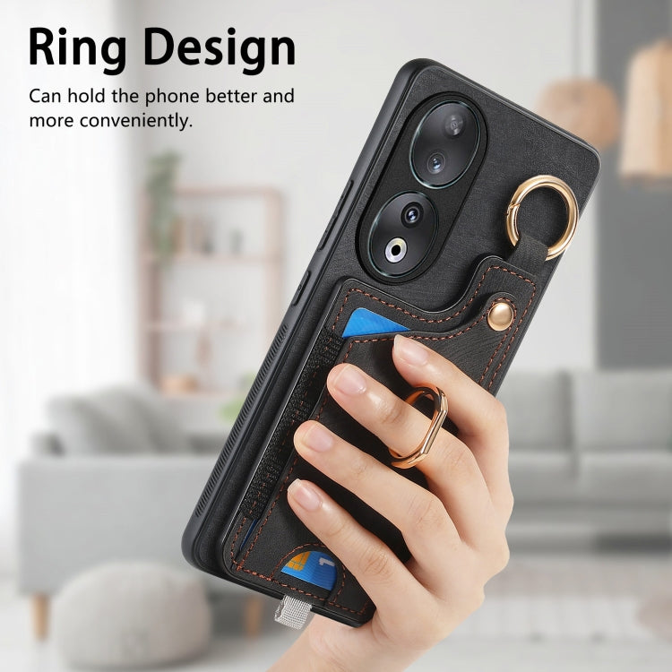 For Honor 100 5G Retro Skin-feel Ring Card Bag Phone Case with Hang Loop(Black)