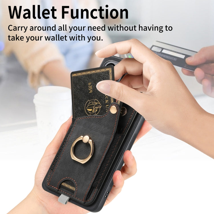 For Honor 100 5G Retro Skin-feel Ring Card Bag Phone Case with Hang Loop(Black)