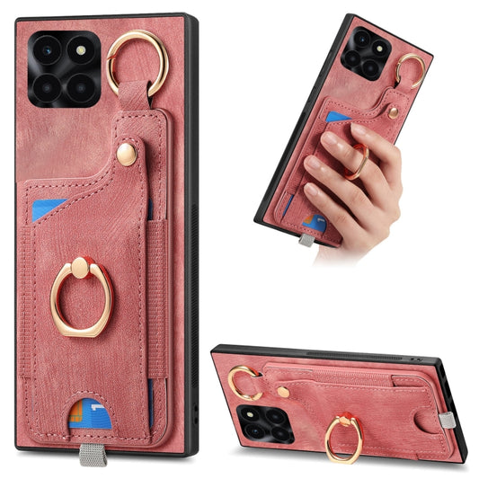 For Honor X6A Retro Skin-feel Ring Card Bag Phone Case with Hang Loop(Pink)
