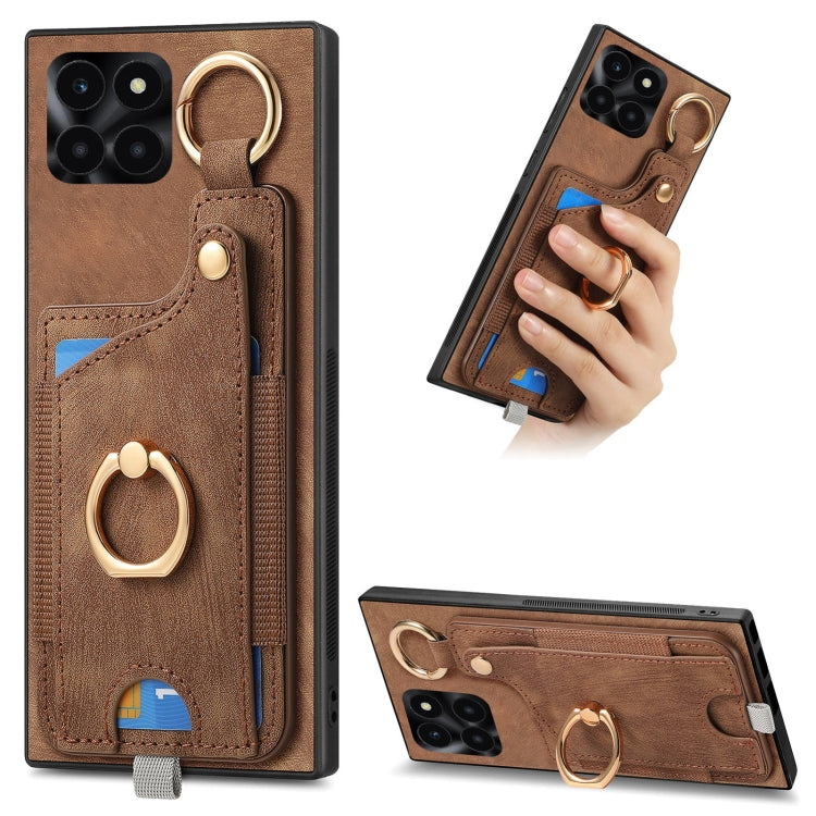 For Honor X6A Retro Skin-feel Ring Card Bag Phone Case with Hang Loop(Brown)