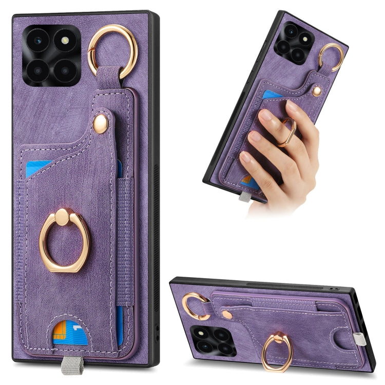 For Honor X6A Retro Skin-feel Ring Card Bag Phone Case with Hang Loop(Purple)