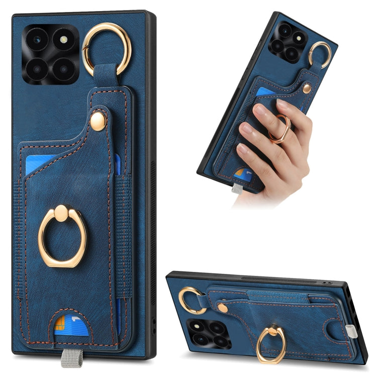 For Honor X6A Retro Skin-feel Ring Card Bag Phone Case with Hang Loop(Blue)