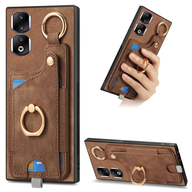 For Honor 90 Pro Retro Skin-feel Ring Card Bag Phone Case with Hang Loop(Brown)