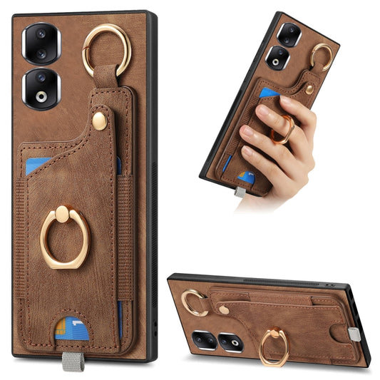 For Honor 90 Pro Retro Skin-feel Ring Card Bag Phone Case with Hang Loop(Brown)