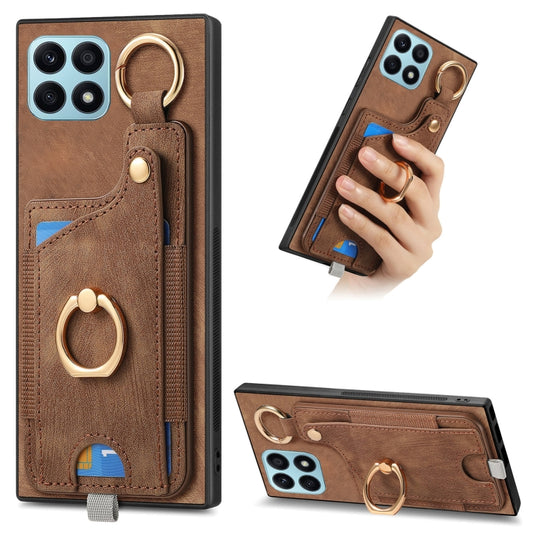 For Honor X8A Retro Skin-feel Ring Card Bag Phone Case with Hang Loop(Brown)