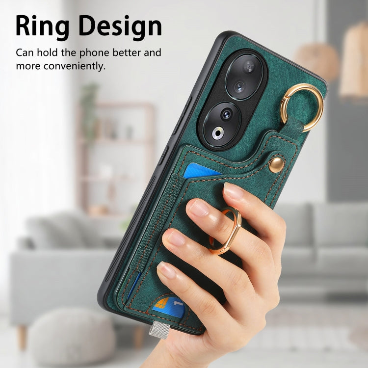 For Honor X8A Retro Skin-feel Ring Card Bag Phone Case with Hang Loop(Green)