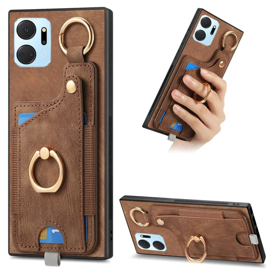 For Honor X7A Retro Skin-feel Ring Card Bag Phone Case with Hang Loop(Brown)
