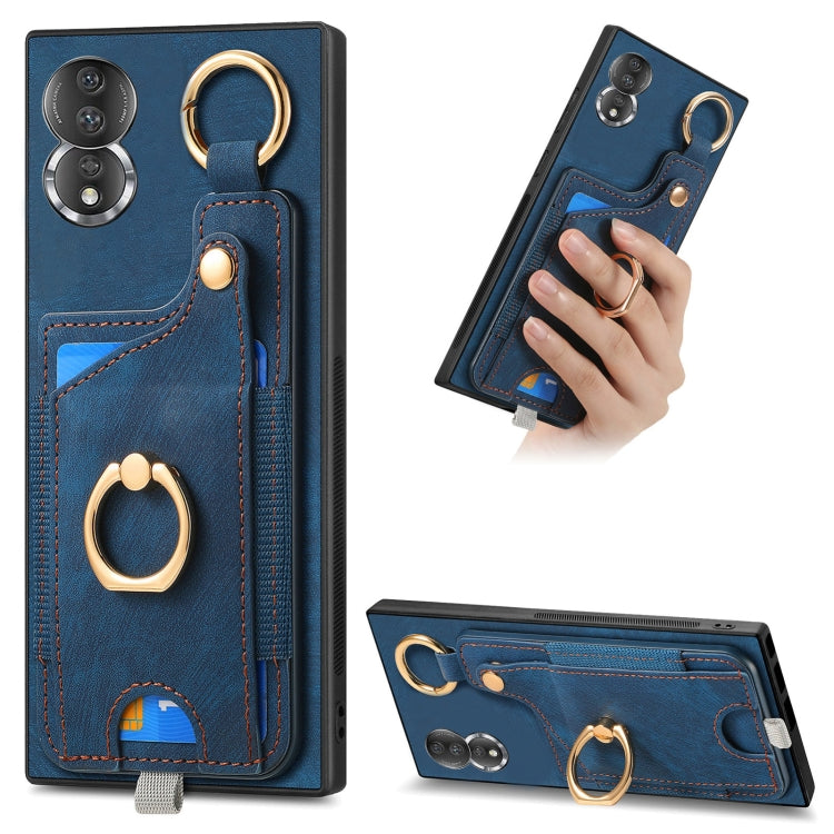 For Honor 80 Retro Skin-feel Ring Card Bag Phone Case with Hang Loop(Blue)