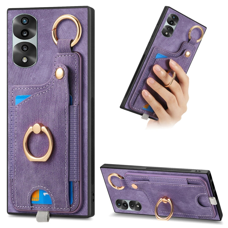 For Honor 70 Pro Retro Skin-feel Ring Card Bag Phone Case with Hang Loop(Purple)