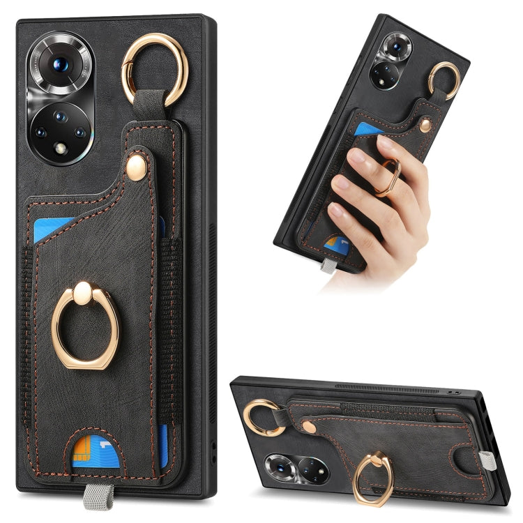 For Honor 50 Retro Skin-feel Ring Card Bag Phone Case with Hang Loop(Black)