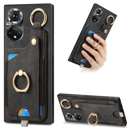 For Honor 50 Retro Skin-feel Ring Card Bag Phone Case with Hang Loop(Black)