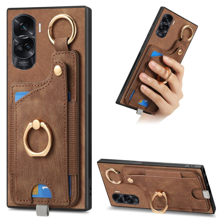 For Honor 90 Lite / X50i Retro Skin-feel Ring Card Bag Phone Case with Hang Loop(Brown)