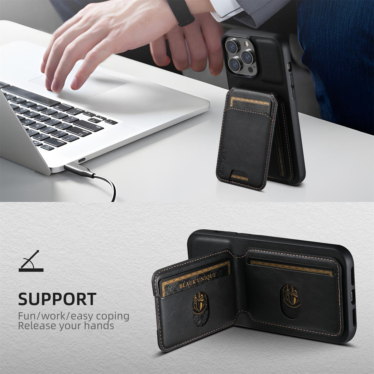 Compatible with iPhone 18 Pro Max Suteni H02 Leather Wallet Stand Back Phone Case - Black