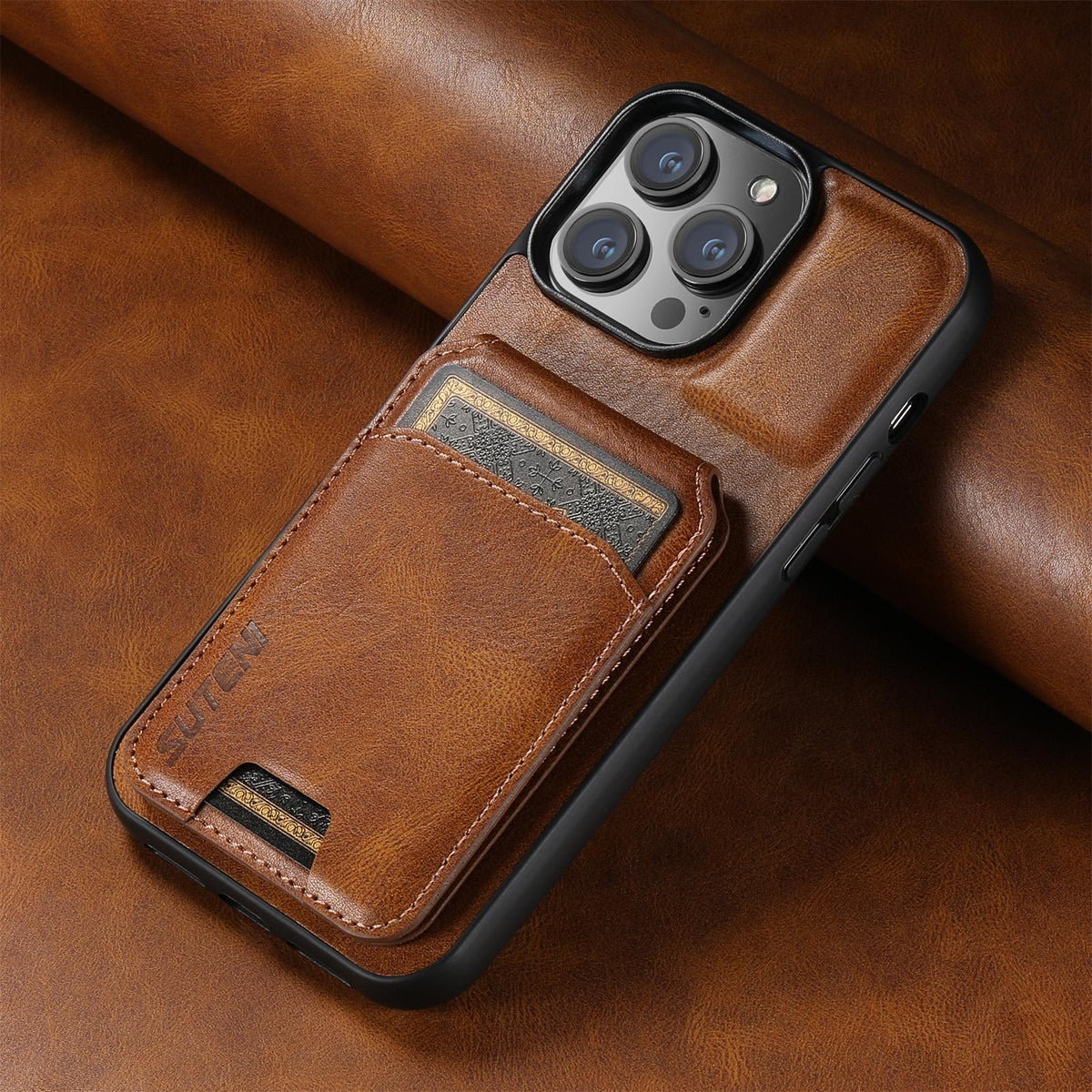Compatible with iPhone 18 Pro Max Suteni H02 Leather Wallet Stand Back Phone Case - Brown