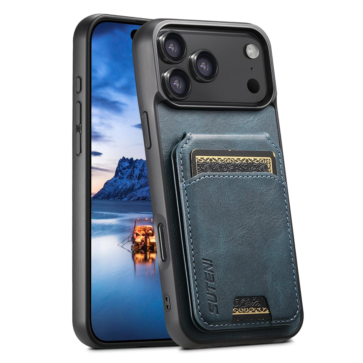 Compatible with iPhone 18 Pro Max Suteni H02 Leather Wallet Stand Back Phone Case - Blue