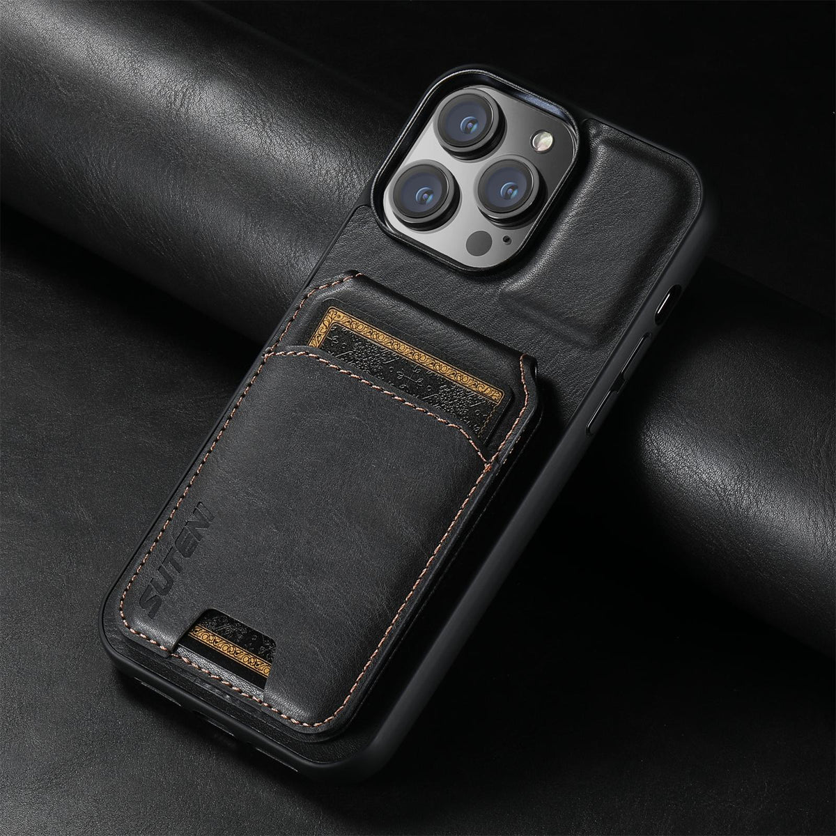 Compatible with iPhone 18 Pro Suteni H02 Leather Wallet Stand Back Phone Case - Black