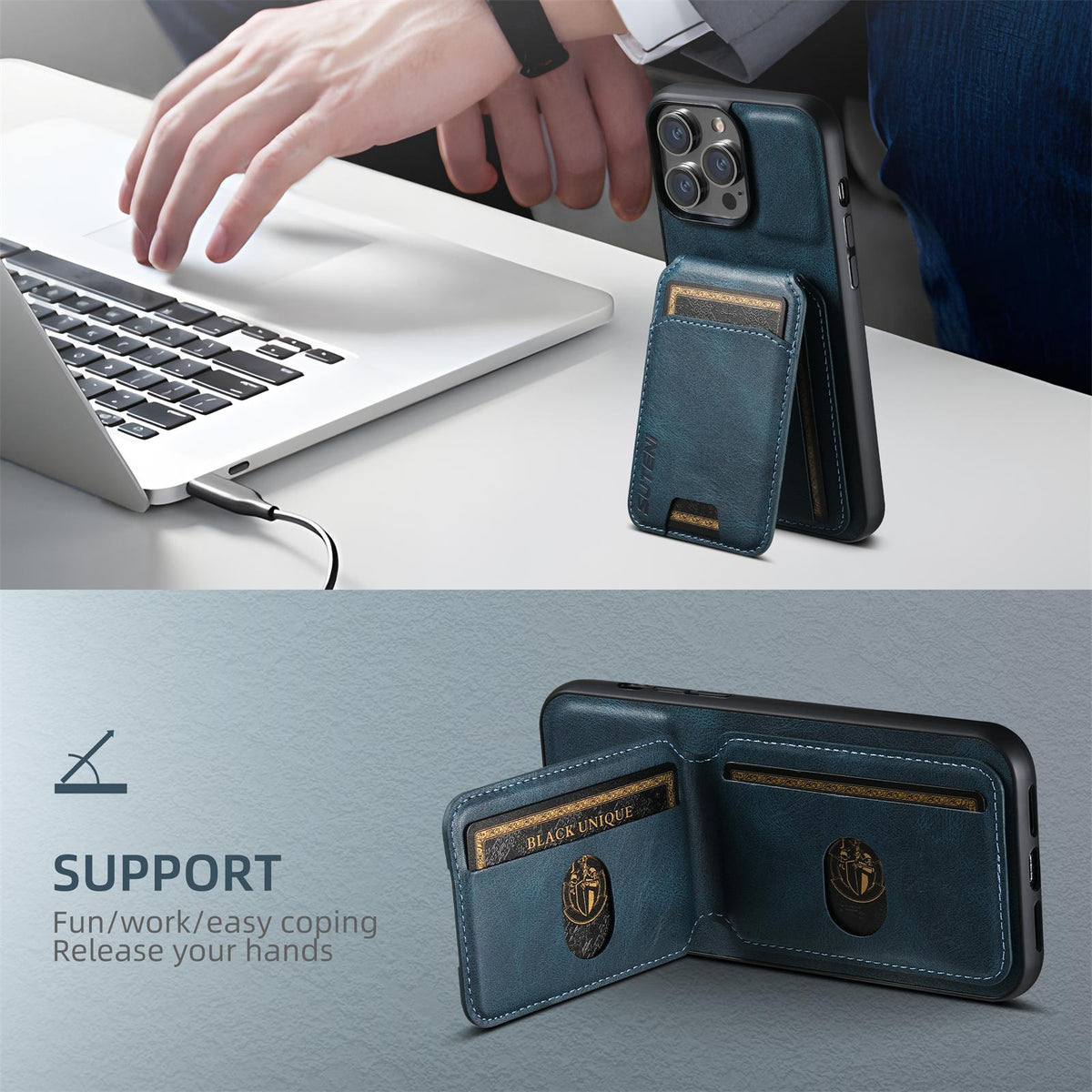 Compatible with iPhone 18 Pro Suteni H02 Leather Wallet Stand Back Phone Case - Blue
